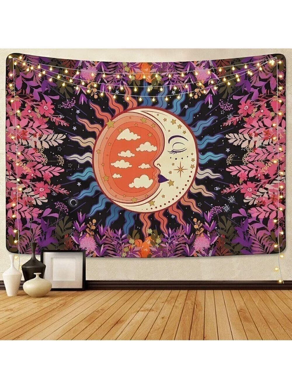 𝅺PSYCHEDELIC Moon Stars Garden Flower Tapestry Mandala Living Room Bedroom Dorm